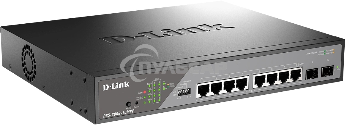 Сетевой коммутатор Smart L2 Surveillance Switch 8х1000Base-T PoE 802.3bt 90W, 2x1000Base-X SFP, PoE Budget 242W, Long-range PoE up to 250m