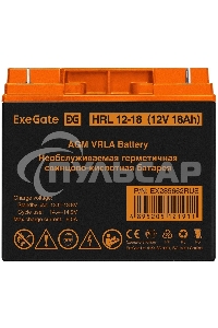 Аккумуляторная батарея ExeGate EX285662RUS HRL 12-18 (12V 18Ah, клеммы F3 (болт М5 с гайкой))