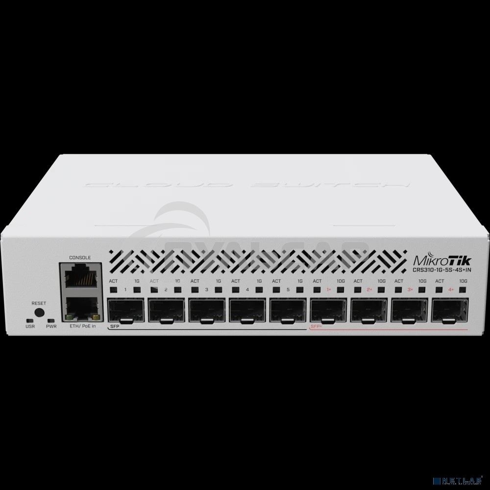 Коммутатор MikroTik Cloud Router Switch CRS310-1G-5S-4S+IN with 800 MHz CPU, 256 MB RAM, 4xSFP+, 5xSFP cages, 1xGbit LAN port, RouterOS L5, desktop case, rackmount ears, PSU