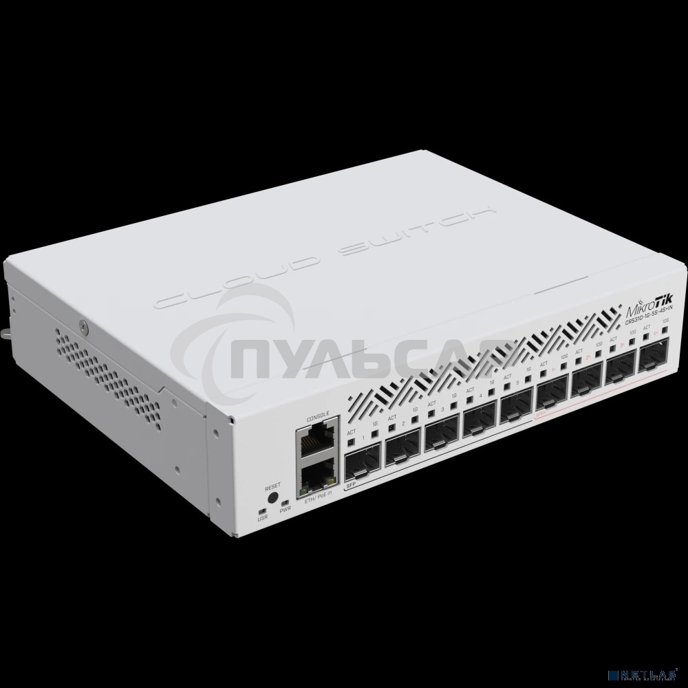 Коммутатор MikroTik Cloud Router Switch CRS310-1G-5S-4S+IN with 800 MHz CPU, 256 MB RAM, 4xSFP+, 5xSFP cages, 1xGbit LAN port, RouterOS L5, desktop case, rackmount ears, PSU
