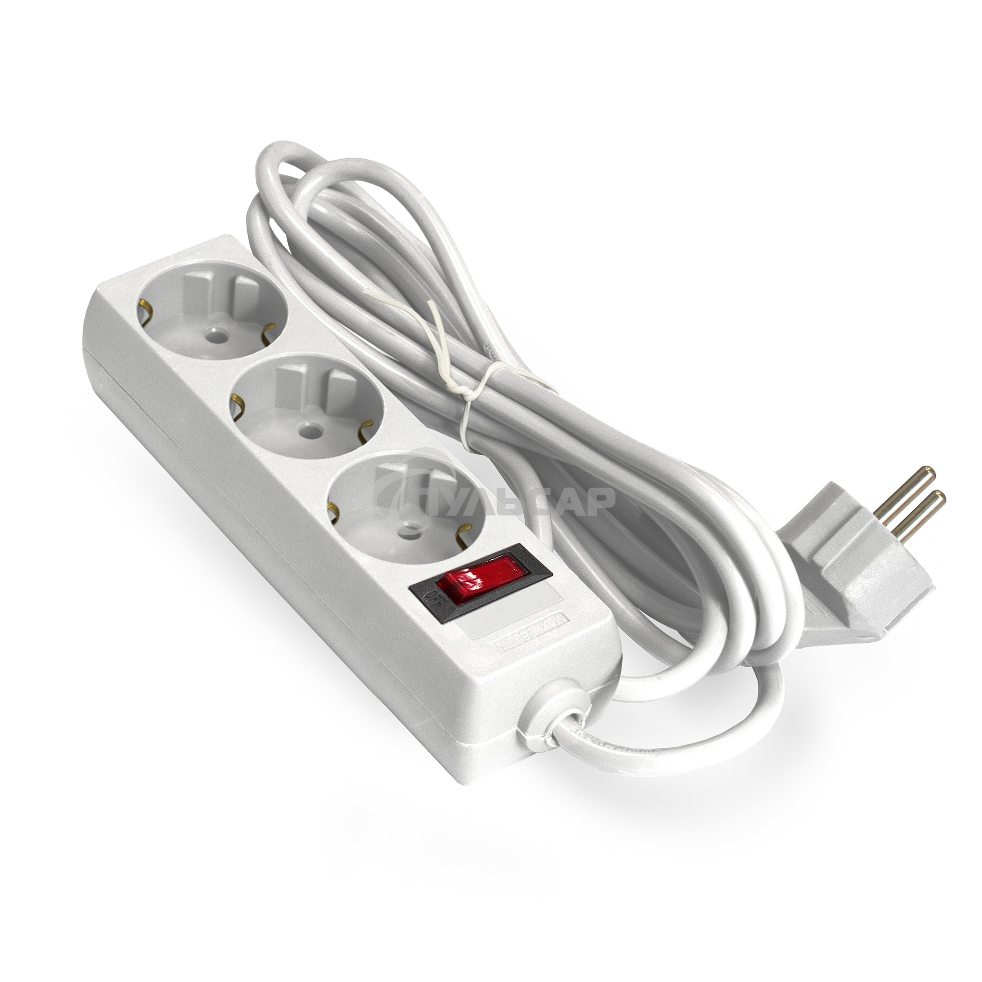 Удлинитель ExeGate EC-3-3W (EX279354RUS), белый, 3 м, евровилка с заземлением, 3 евророзетки с заземлением, 2200 Вт