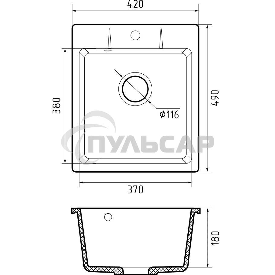Мойка GRANFEST URBAN 242 1-чаша 420*490мм, монтаж: врезной, материал: кварц, темно-серый