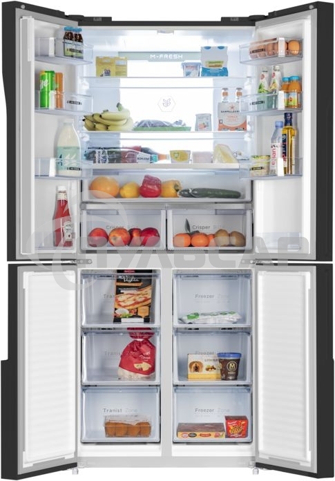 Холодильник Maunfeld MFF181NFB черный глянцевый, трехкамерный, 333/164л, морозилка сбоку, No Frost, Side by Side