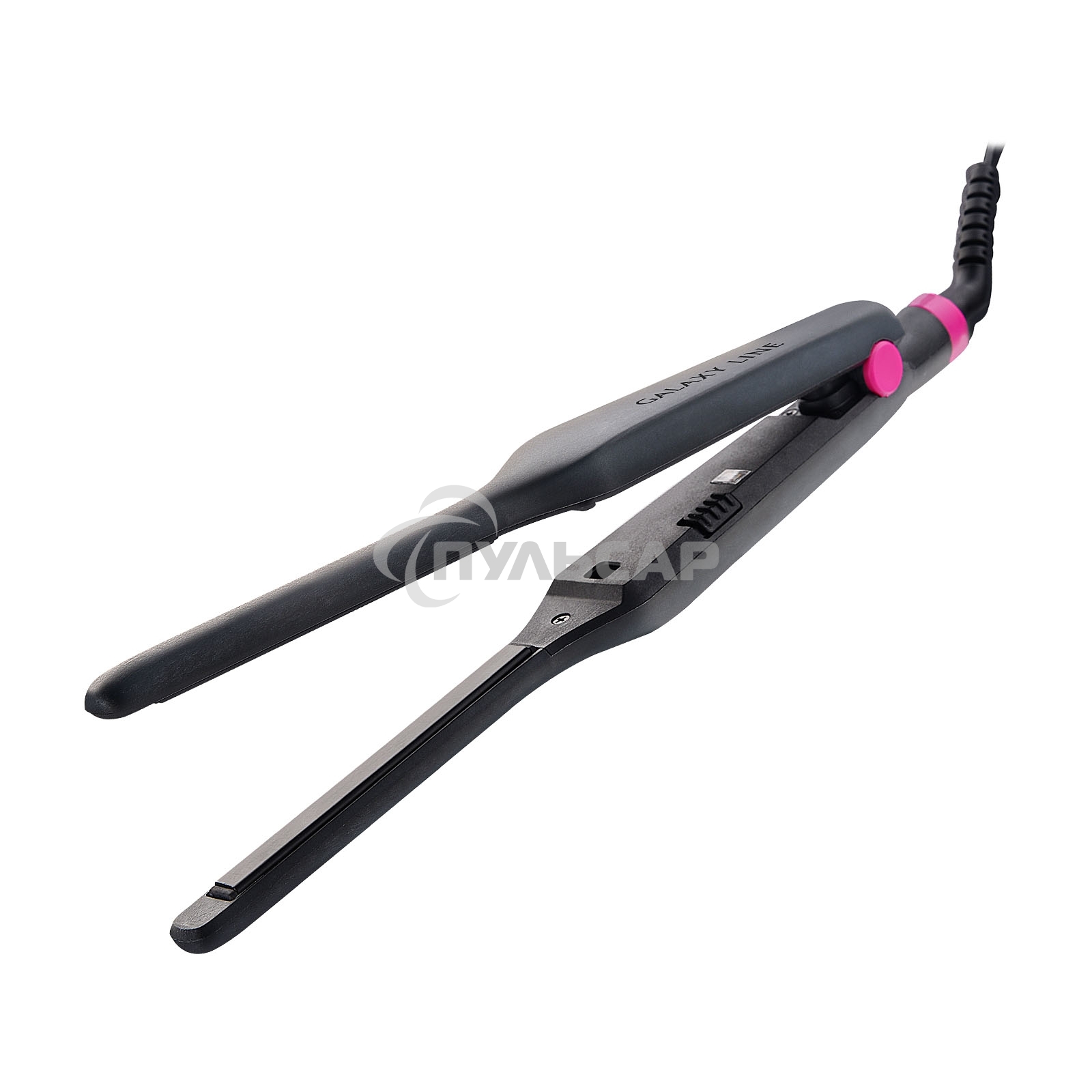 Щипцы для волос Galaxy Line GL 4522, черный, 30 Вт, керамическое покрытие рабочей поверхности, размер пластин 100х9 мм, нагревательный элемент с защитой от перегрева, температура 180°С, индикатор работы, петля для подвешивания, длина шнура 1,7