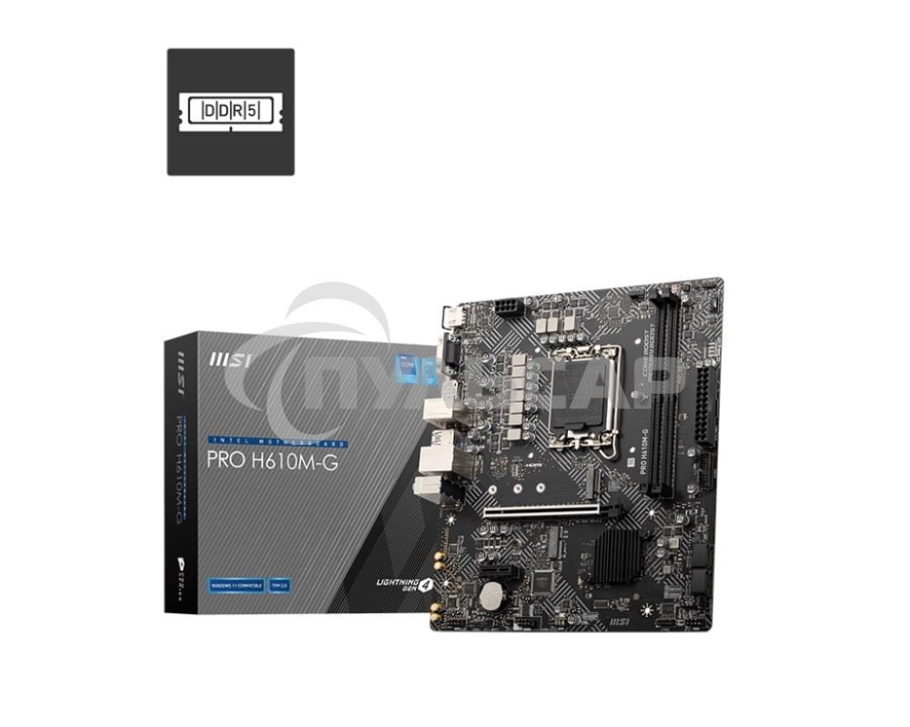 Материнская плата MSI PRO H610M-G, LGA 1700, Intel H610, 2xDDR5, 4xSATA, 1xM.2, 1xPCIe 4.0 x16, 1xPCIe 3.0 x1, 1xHDMI, 1xDP, 1xVGA, 1xRJ45 1Gb, 2xUSB-A 3.2 Gen 1, 4xUSB-A 2.0, 3x3.5мм, 7.1, mATX