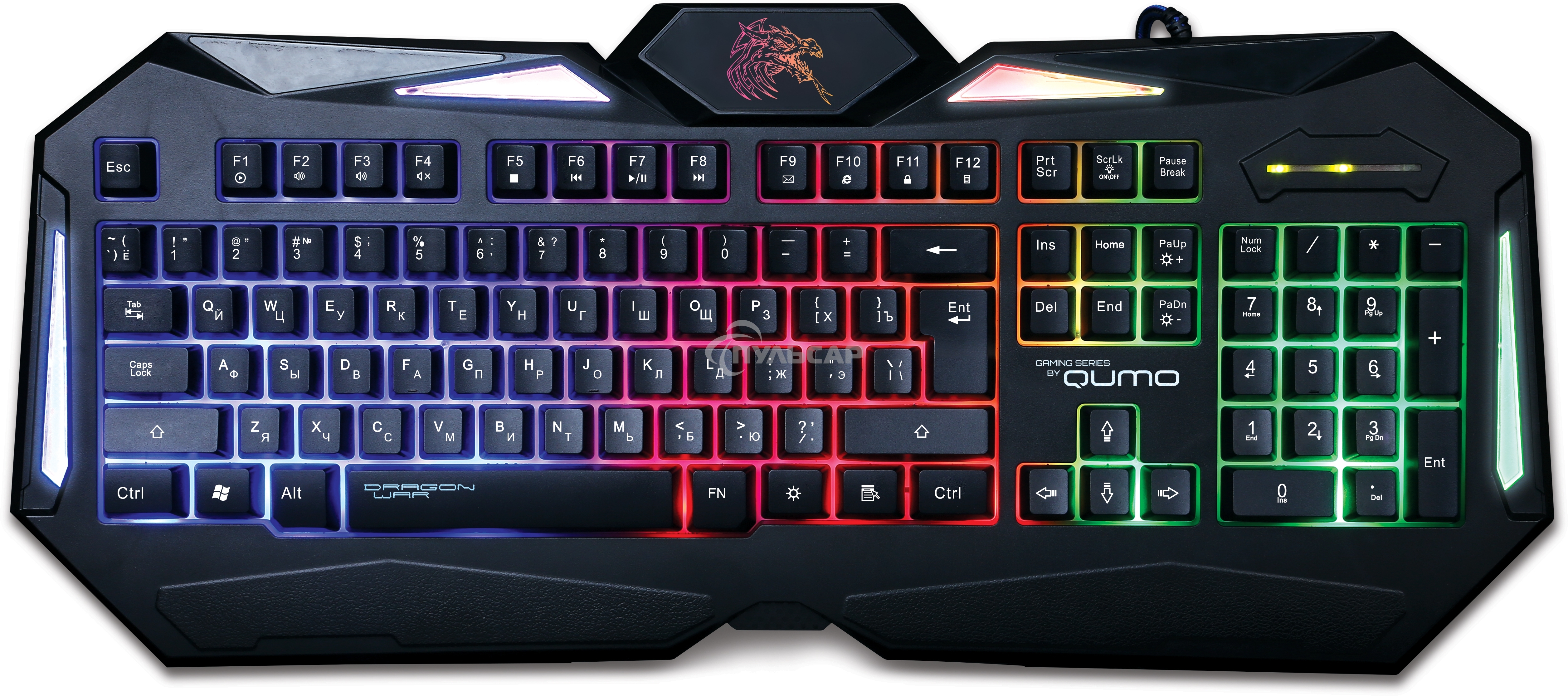 Клавиатура проводная Qumo Spirit, 104 клавиши, встроенная радужная подсветка.