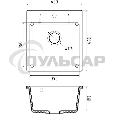 Мойка GRANFEST URBAN 245 1-чаша 450*490мм, монтаж: врезной, материал: кварц, темно-серый