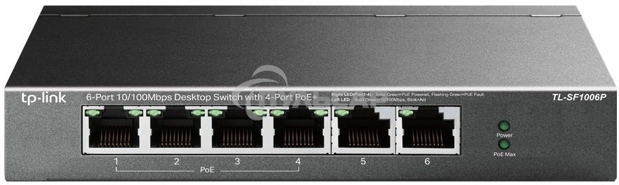 Коммутатор TP-Link 4-port 10/100Mbps Unmanaged PoE+ Switch with 2 10/100Mbps uplink ports, meta case, desktop mount, 4 802.3af/at compliant PoE+ port, 2 10/100Mbps uplink ports, DIP switches for Extend mode, Isolation mode and Priority mode, up to 250m Po