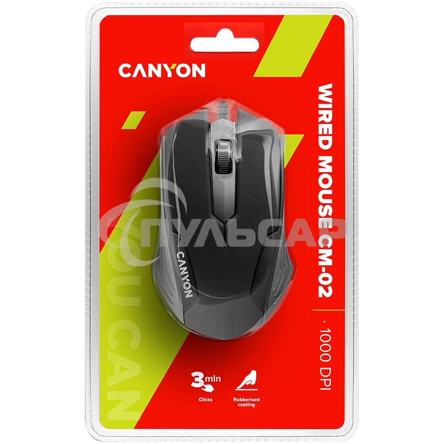 Мышь проводная Canyon CM-02 черный, 1000 dpi, USB, кнопки - 3