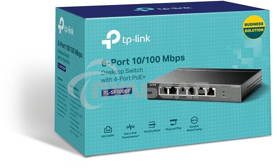 Коммутатор TP-Link 4-port 10/100Mbps Unmanaged PoE+ Switch with 2 10/100Mbps uplink ports, meta case, desktop mount, 4 802.3af/at compliant PoE+ port, 2 10/100Mbps uplink ports, DIP switches for Extend mode, Isolation mode and Priority mode, up to 250m Po