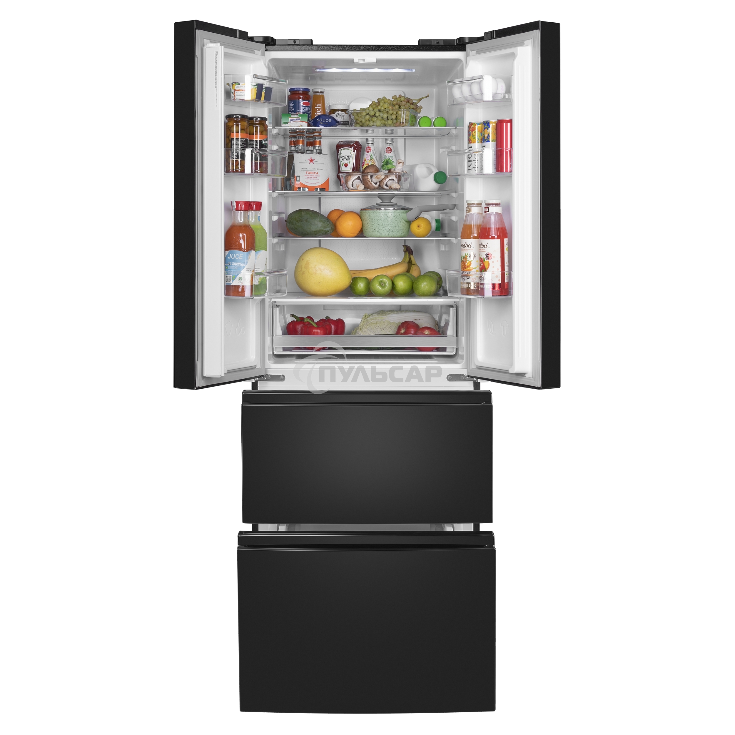 Холодильник Maunfeld MFF180NFBE01 черный трехкамерный 224/113л морозилка снизу, No Frost