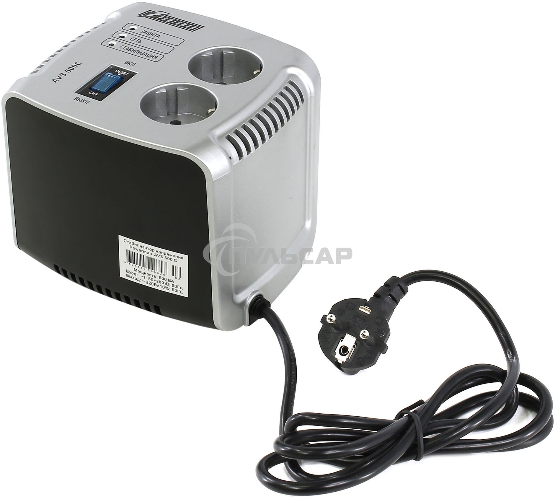 Сетевой фильтр Powerman Стабилизаторы напряжения AVS 500 С Black\Silver (500ВА,5А,КПД 98%,без индикации,настольный)