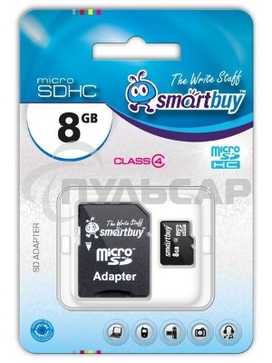 Флеш карта microSD 8Gb, Smartbuy microSDHC Class 10 (SD адаптер)