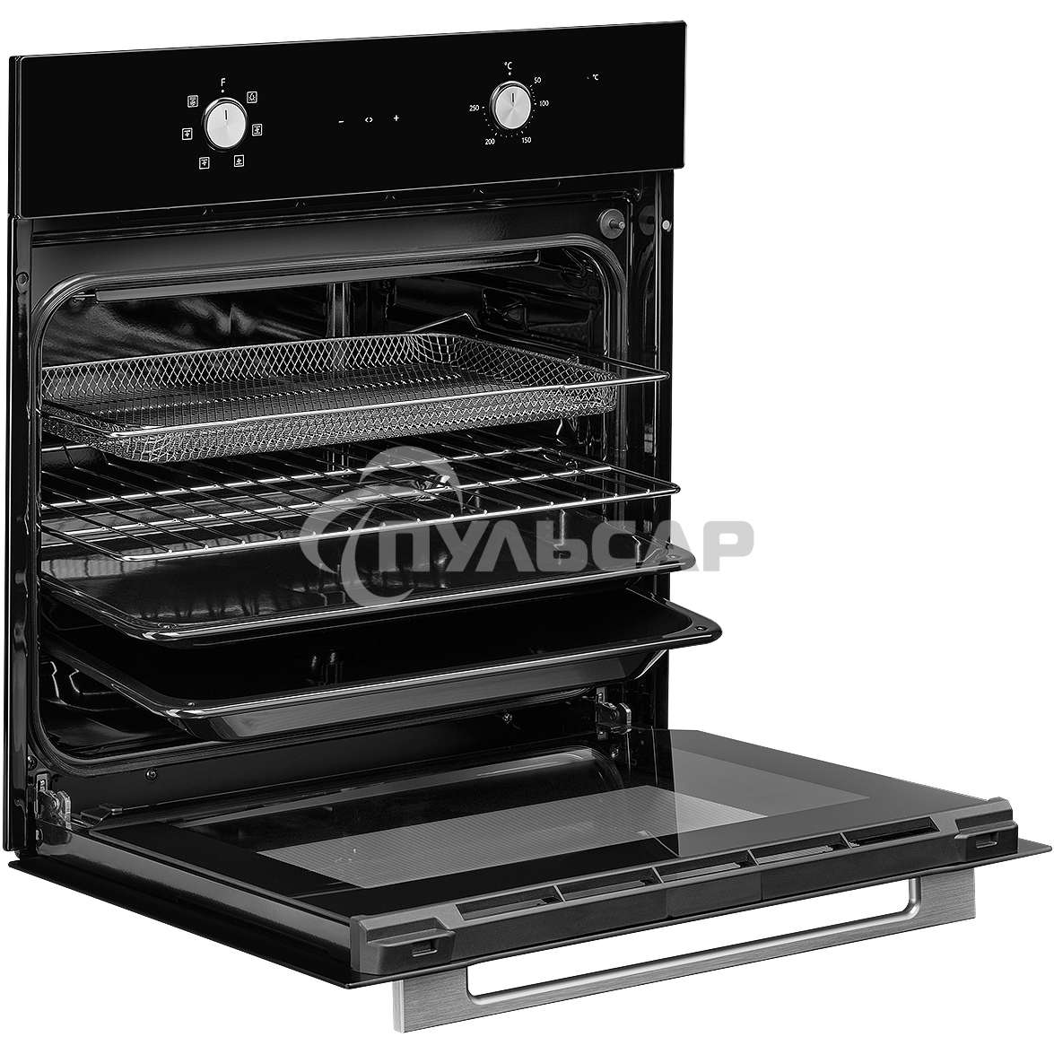 Духовой шкаф MONSHER MOE 6162 Noir, 5 режимов работы, объем духовки 58 л., утапливаемые переключатели, сенсорный таймер, 2 стекла в дверце, энергоэффективность А, цвет: черный,фурнитура серебряная