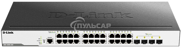 Коммутатор D-Link DGS-3000-28X/B, L2 Managed Switch with 24 10/100/1000Base-T ports and 4 10Gbase-X SFP+ ports.16K Mac address, 802.3x Flow Control, 4K of 802.1Q VLAN, VLAN Trunking, 802.1p Priority Queues, Tra