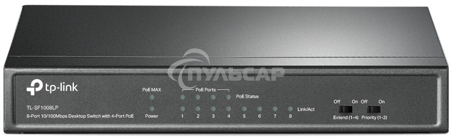 Коммутатор TP-Link 8-Port 10/100Mbps Unmanaged Switch with 4-Port PoE, metal case, desktop mount, PoE budget 41W.