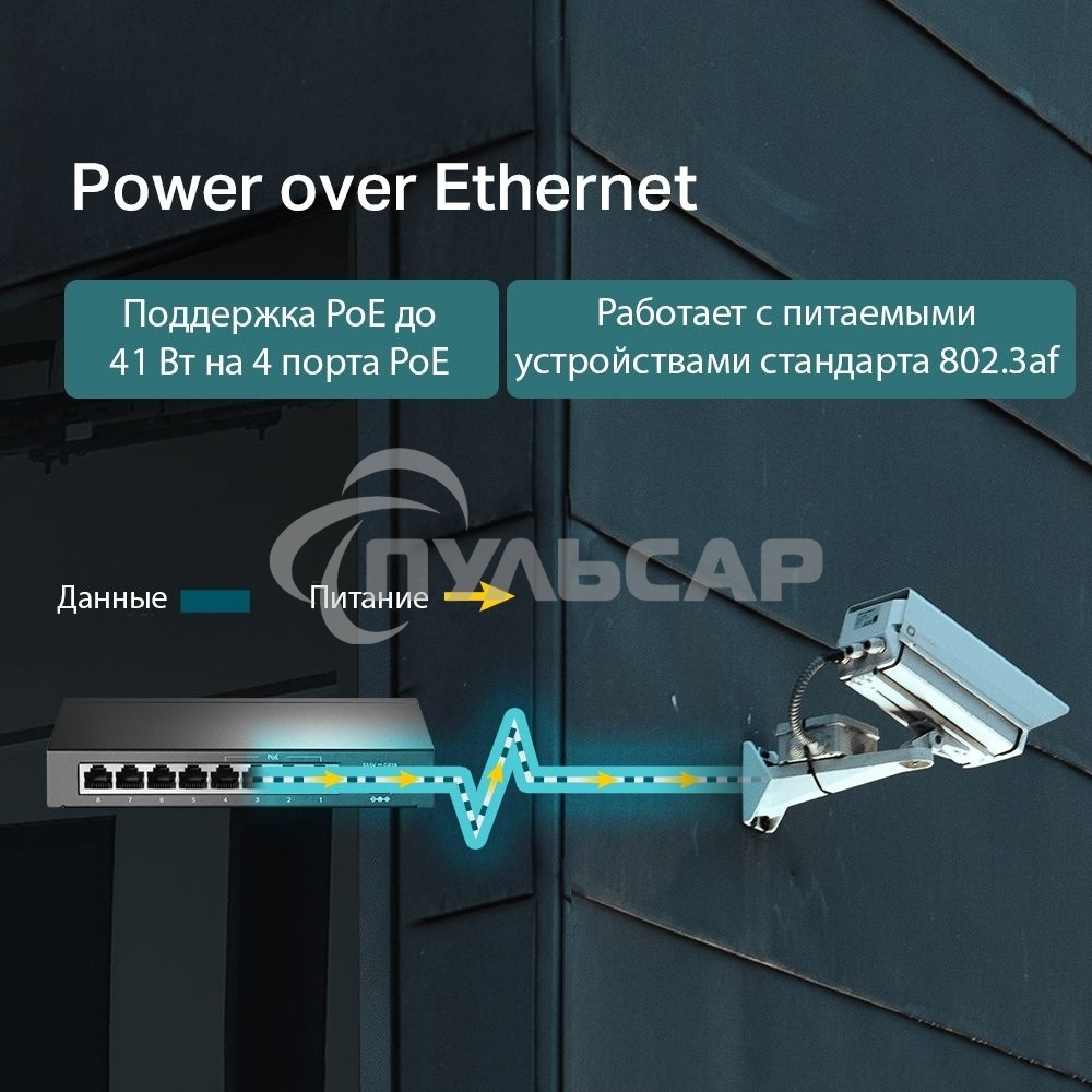 Коммутатор TP-Link 8-Port 10/100Mbps Unmanaged Switch with 4-Port PoE, metal case, desktop mount, PoE budget 41W.