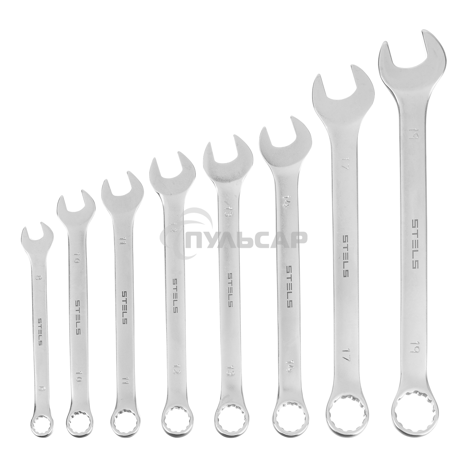 Набор ключей комбинированных, 8 - 19 мм, 8 шт., CrV, матовый хром Stels