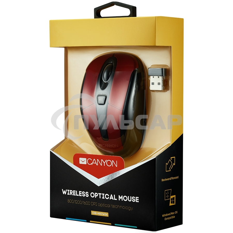 Мышь беспроводная Canyon MSO-W6 красный, 1600 dpi, радиоканал, USB, кнопки - 6