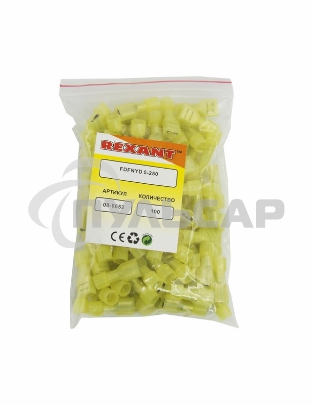 Клемма плоская полностью изолированная Rexant, гнездо 6.6 мм, в нейлоне 4-6 мм², (РПи-м(н) 6.0-(6.3)), желтый