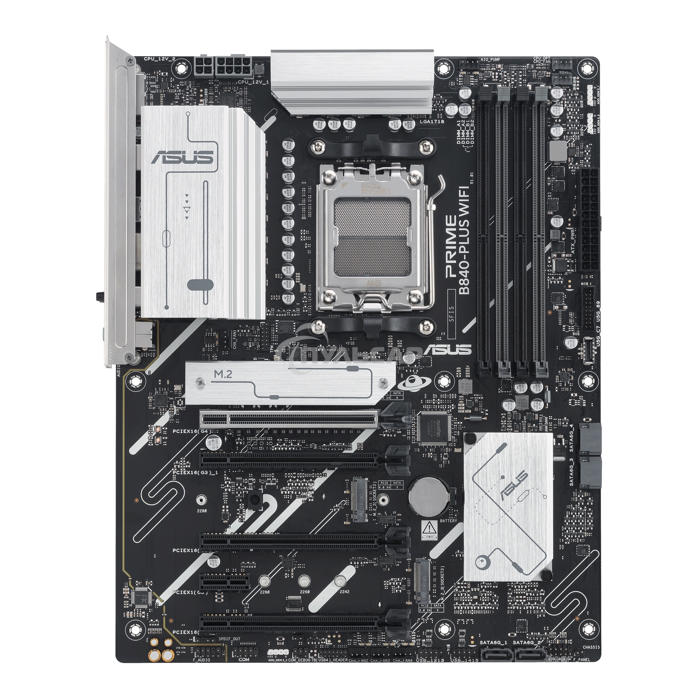 Материнская плата ASUS PRIME B840-PLUS WIFI, AM5, AMD B840, 4xDDR5, 4xSATA, 3xM.2, 1xPCIe 4.0 x16, 1xPCIe 3.0 x16, 2xPCIe 3.0 x16, 1xPCIe 3.0 x1, 1xDP, 1xHDMI, 1x 2.5Gb LAN, 8xUSB-A, 3x3.5 мм, 7.1, ATX