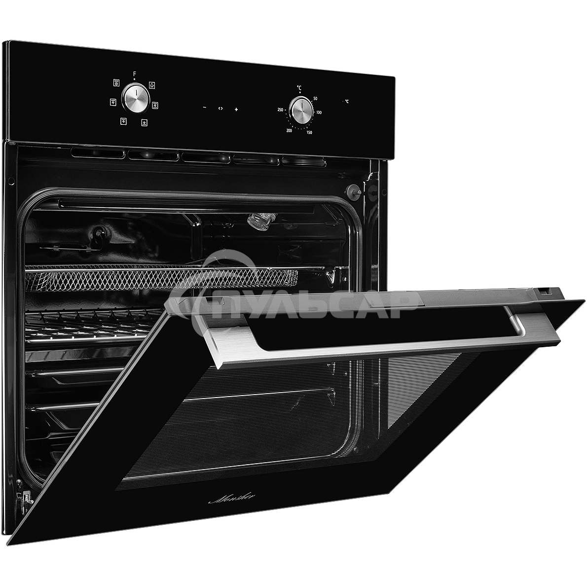 Духовой шкаф MONSHER MOE 6162 Noir, 5 режимов работы, объем духовки 58 л., утапливаемые переключатели, сенсорный таймер, 2 стекла в дверце, энергоэффективность А, цвет: черный,фурнитура серебряная
