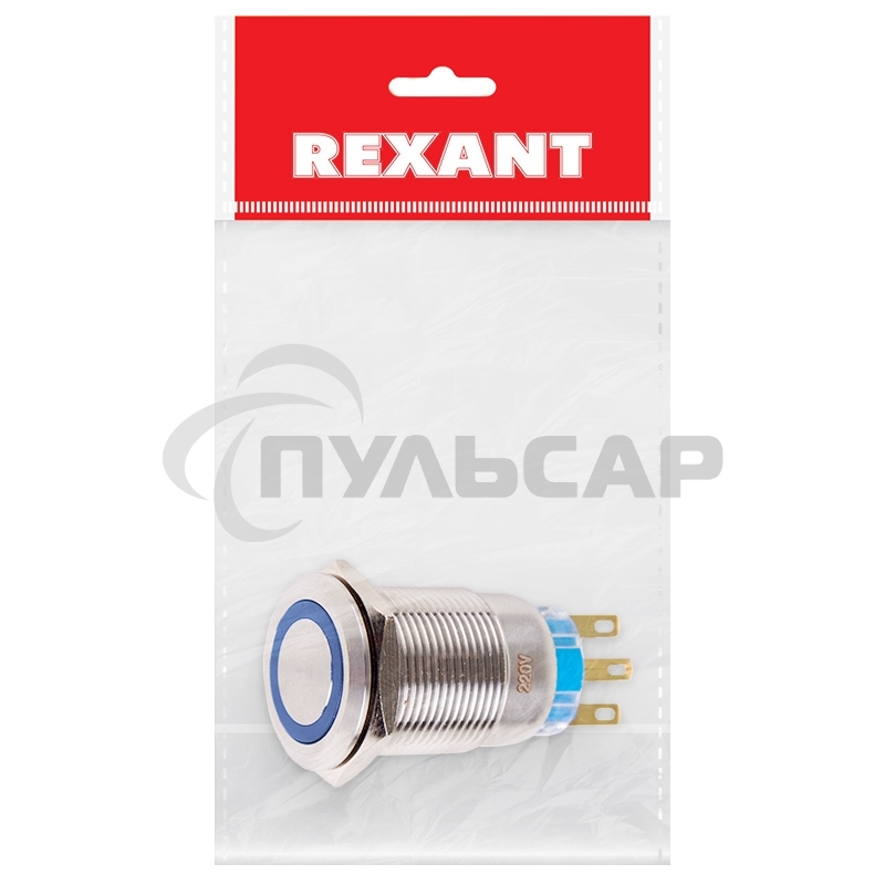 Кнопка антивандальная Ø19 12В Фикс (5с) ON-OFF/OFF-ON подсв/синяя Rexant