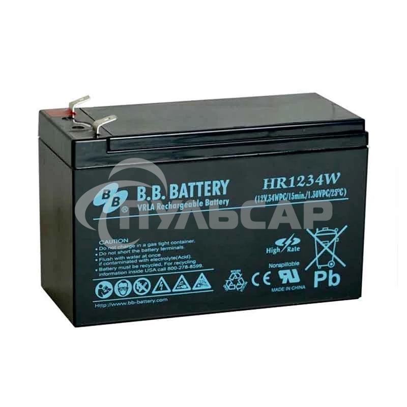 Батарея B.B. Battery серия HR, HR1234W, напряжение 12В, емкость 9А·ч (разряд 20 часов), емкость 7А·ч (разряд 10 часов), макс. ток разряда (5 сек.) 105А, макс. ток заряда 2.1A, свинцово-кислотная типа AGM, клеммы Т2, ДxШxВ 151x65x100мм., вес 2.5кг., срок с