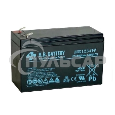 Батарея B.B. Battery серия HR, HR1234W, напряжение 12В, емкость 9А·ч (разряд 20 часов), емкость 7А·ч (разряд 10 часов), макс. ток разряда (5 сек.) 105А, макс. ток заряда 2.1A, свинцово-кислотная типа AGM, клеммы Т2, ДxШxВ 151x65x100мм., вес 2.5кг., срок с