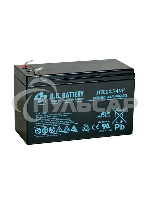 Батарея B.B. Battery серия HR, HR1234W, напряжение 12В, емкость 9А·ч (разряд 20 часов), емкость 7А·ч (разряд 10 часов), макс. ток разряда (5 сек.) 105А, макс. ток заряда 2.1A, свинцово-кислотная типа AGM, клеммы Т2, ДxШxВ 151x65x100мм., вес 2.5кг., срок с