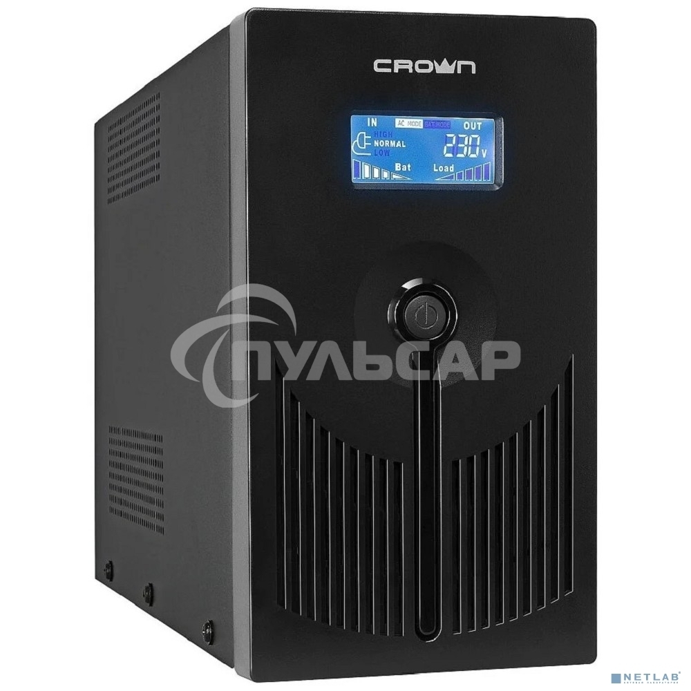 Источник бесперебойного питания CROWN 800VA/450W, металл, 1x12V/9AH, розетки 3*EURO+1*IEC bybass, трансформатор AVR 145-280V, LCD дисплей, съемный кабель 1.2м, фильтр телефонной и ethernet линии RJ11/45, защита батареи, от перегрузки, от КЗ