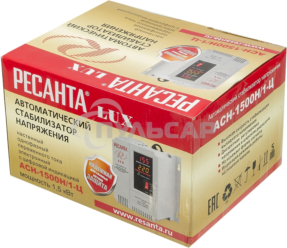 Стабилизаторы напряжения Ресанта АСН-1 500 Н/1-Ц 63/6/20 Стабилизатор Lux 220В±8%, Габариты 206х133х230, Вес 4,5кг