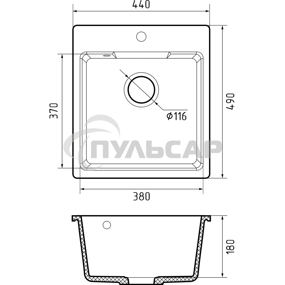Мойка GRANFEST URBAN 644 1-чаша 440*490мм, монтаж: врезной, материал: кварц, серый