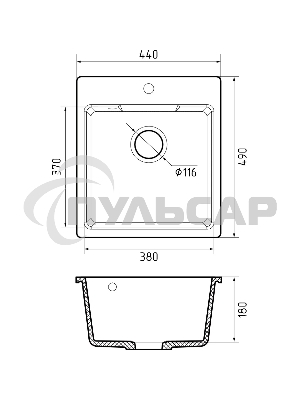 Мойка GRANFEST URBAN 644 1-чаша 440*490мм, монтаж: врезной, материал: кварц, серый