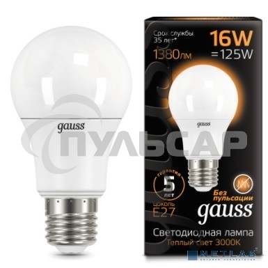 Лампа светодиодная Gauss LED A60 16W E27 1380lm 3000K 1/10/50 102502116