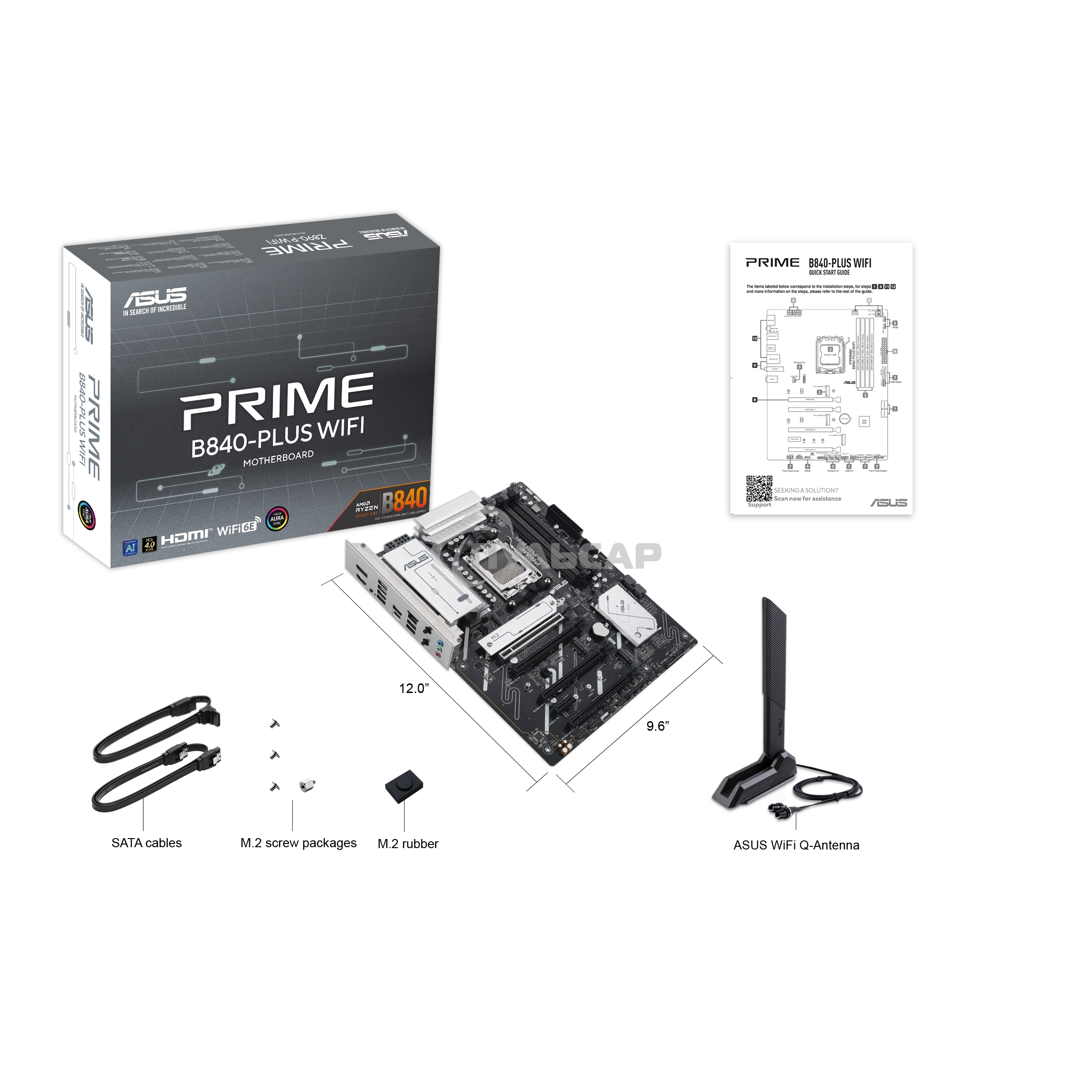 Материнская плата ASUS PRIME B840-PLUS WIFI, AM5, AMD B840, 4xDDR5, 4xSATA, 3xM.2, 1xPCIe 4.0 x16, 1xPCIe 3.0 x16, 2xPCIe 3.0 x16, 1xPCIe 3.0 x1, 1xDP, 1xHDMI, 1x 2.5Gb LAN, 8xUSB-A, 3x3.5 мм, 7.1, ATX