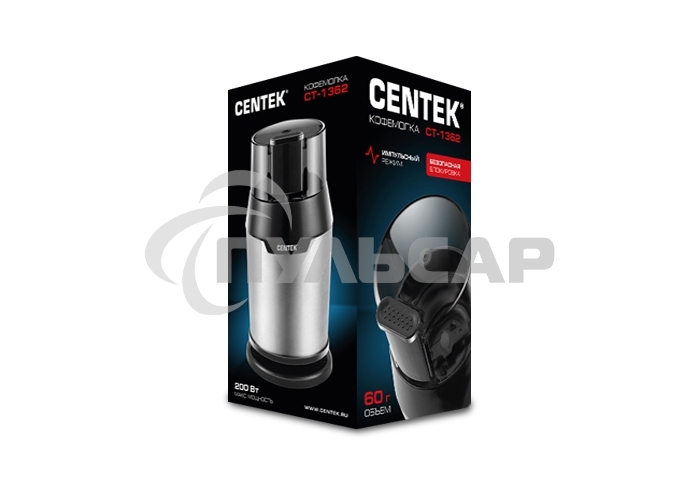 Кофемолка Centek CT-1362 (сталь) 200Вт, 60гр, стальн стакан, стальн чаша, прозрачная крышка