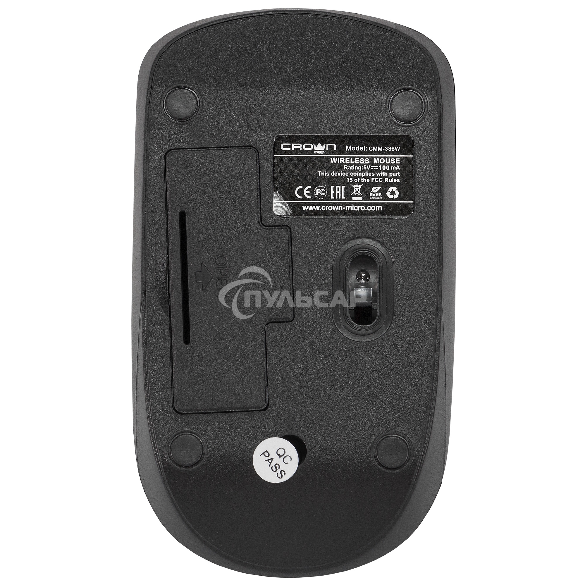 Мышь беспроводная Crown CMM-336W черный, 1600 dpi, радиоканал, USB, кнопки - 4