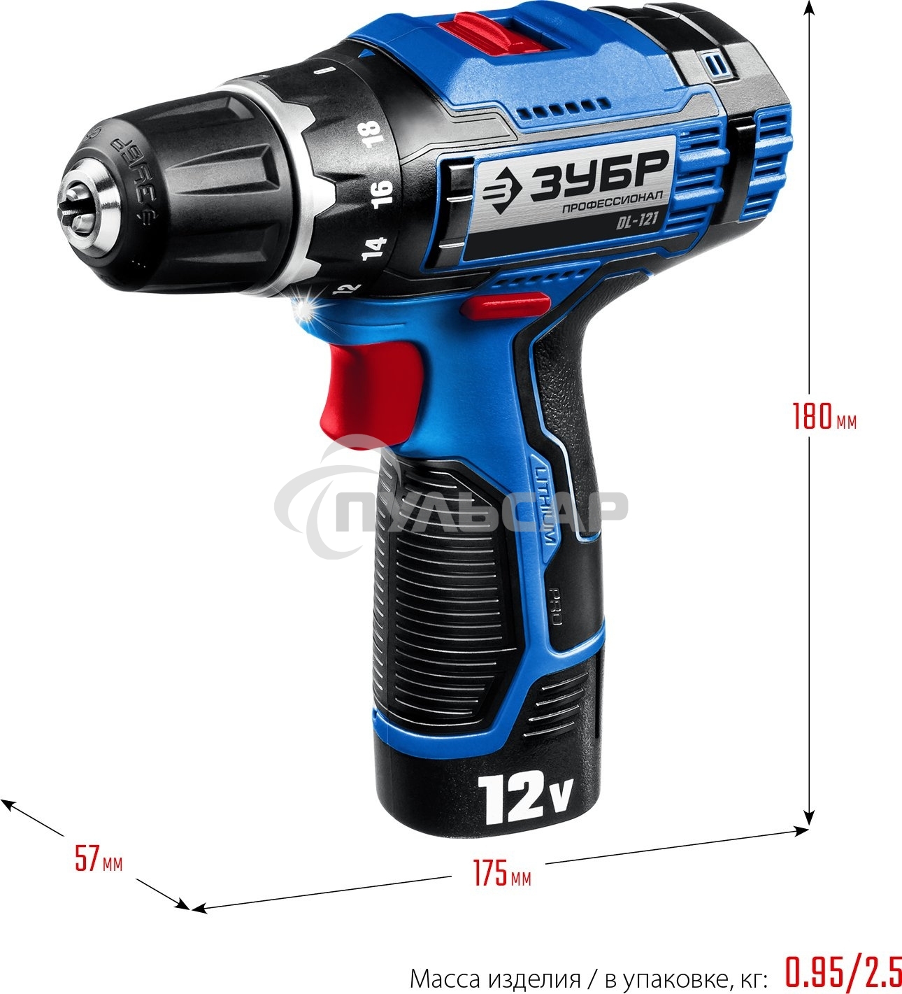 Дрель-шуруповерт ЗУБР DL-121-22F, Аккумуляторная, 12В, 2 АКБ, Кейс + LED фонарь