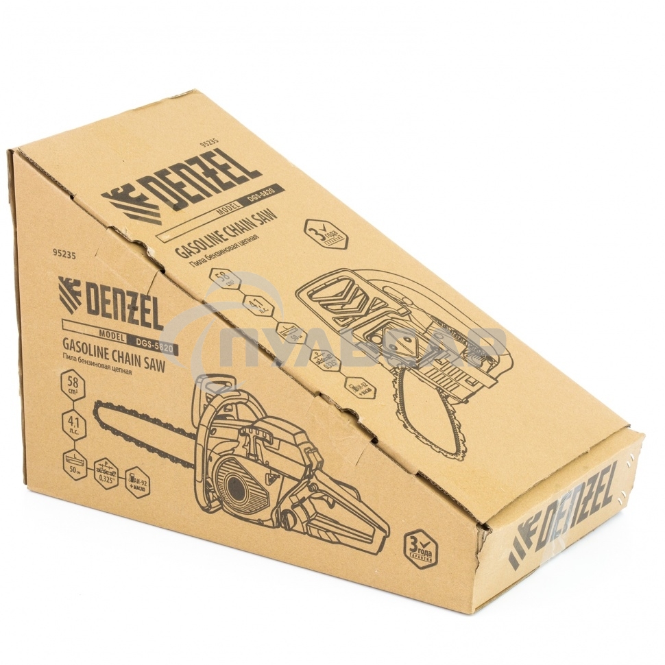 Пила цепная бензиновая Denzel Denzel DGS-5820, шина 50 см, 58см3, 4,1 л.с., шаг 0,325, паз 1,5 мм,