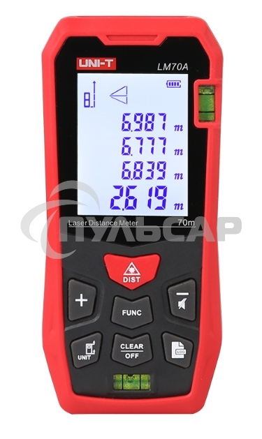 Лазерный дальномер UNI-T LM70A Диапазон расстояний (70 м); Тип дисплея (ЖК); Единицы измерения (м/фут/дюйм); Основа измерения (спереди/сзади);
