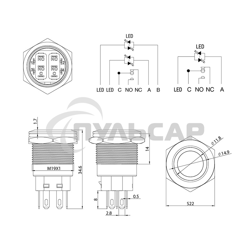 Кнопка антивандальная Ø19 12В Фикс (5с) ON-OFF/OFF-ON подсв/синяя Rexant