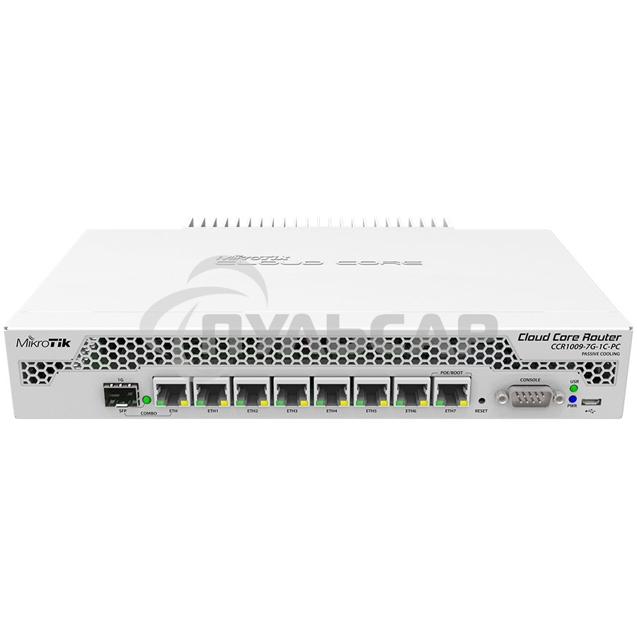 Маршрутизатор Mikrotik CCR1009-7G-1C-PC with Tilera Tile-Gx9 CPU (9-cores, 1Ghz per core), 1Gb RAM, 7xGbit LAN, 1x Combo port (1xGbit LAN or SFP), RouterOS L6, passive cooling desktop enclosure, rackmount ears, PSU