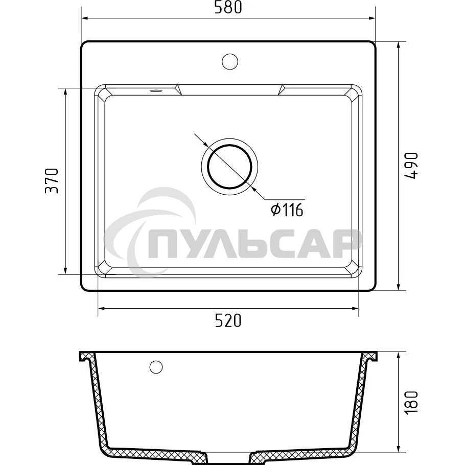 Мойка GRANFEST URBAN 658 1-чаша 580*490мм, монтаж: врезной, материал: кварц, темно-серый