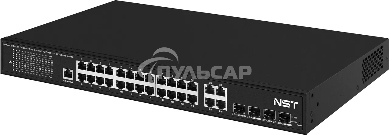 Коммутатор PoE управляемый L2 Gigabit Ethernet на 24 RJ45 PoE + 4 x GE Combo Uplink порта. Порты: 24 x GE (10/100/1000 Base-T) с поддержкой PoE (IEEE 802.3af/at), 4 x GE Combo Uplink (RJ45 + SFP). Соответствует стандартам PoE IEEE 802.3af/at.  Автоматичес