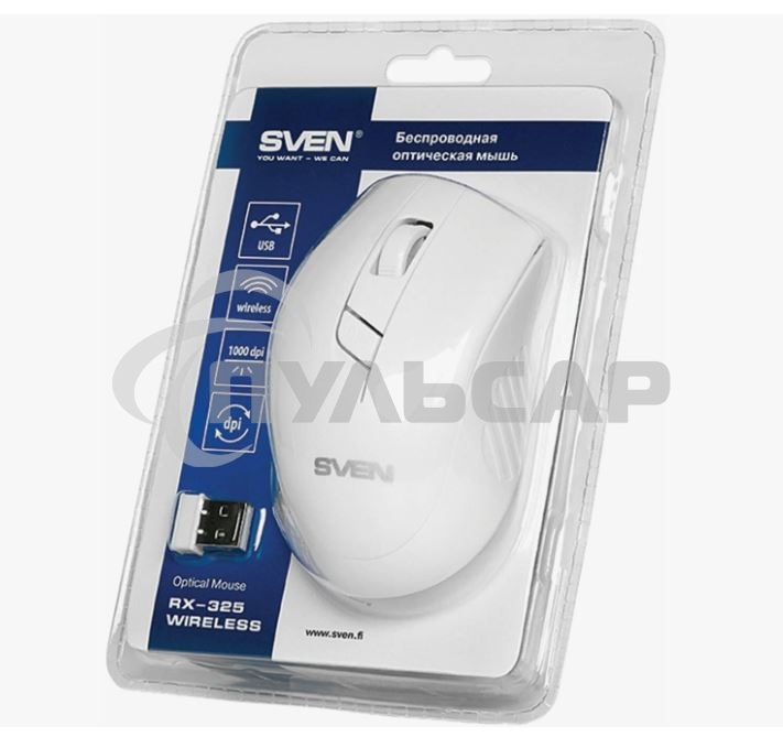 Мышь беспроводная SVEN RX-325 белый, 1000 dpi, радиоканал, USB, кнопки - 4