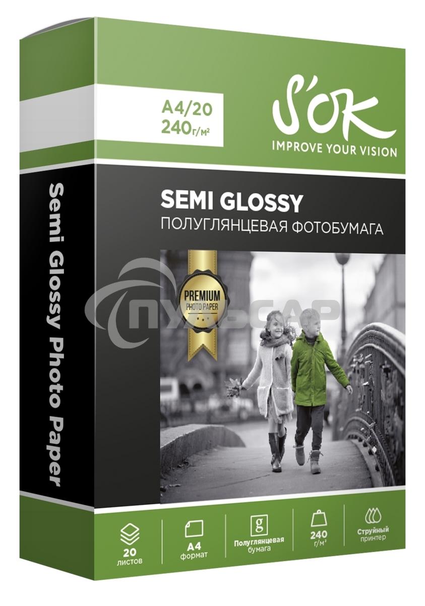 Фотобумага RC Semi Glossy Premium; 240gsm; A4*20Полуглянцевая Премиум; 240г/м2; формат А4; 20 листов RC
