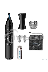 Триммер Philips для носа и ушей, черный, корпус - пластик, 3 насадки-гребня, насадка - триммер, щеточка для очистки, мягкий чехол, батарейка