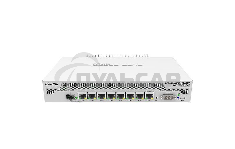 Маршрутизатор Mikrotik CCR1009-7G-1C-PC with Tilera Tile-Gx9 CPU (9-cores, 1Ghz per core), 1Gb RAM, 7xGbit LAN, 1x Combo port (1xGbit LAN or SFP), RouterOS L6, passive cooling desktop enclosure, rackmount ears, PSU