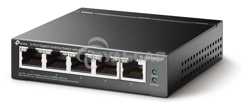Коммутатор TP-Link 5-Port Gigabit Unmanaged Switch with 4-Port PoE+, metal case, desktop mount, PoE budget 40W.